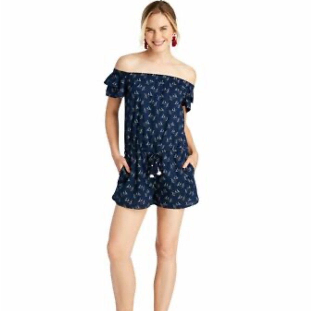 Vineyard Vines Navy and White Off-Shoulder Sailboat Romper